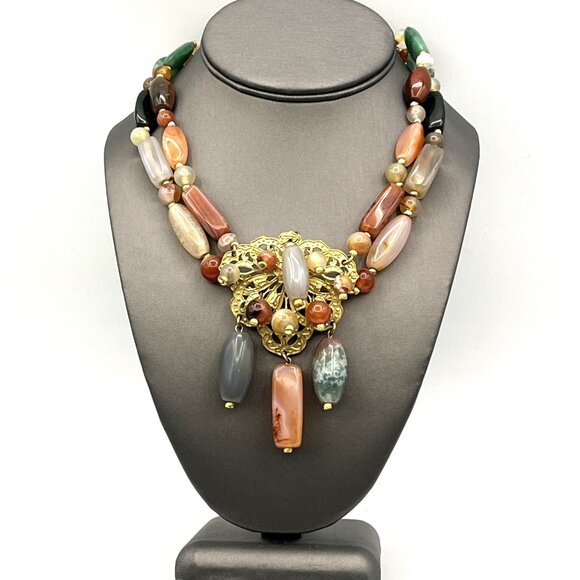 Vintage Accessocraft NYC Statement Natural Agate Stone Bead Necklace 17" - Picture 1 of 11